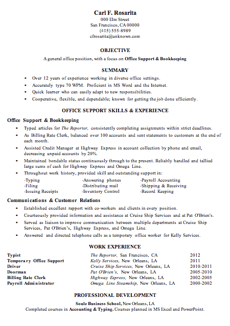 Resume Sample Office Support And Bookkeeping