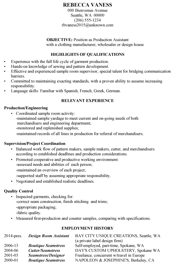 Resume Sample Production Assistant