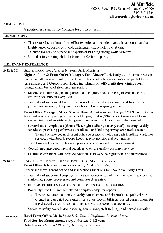 Resume Sample Front Office Manager For A Luxury Resort
