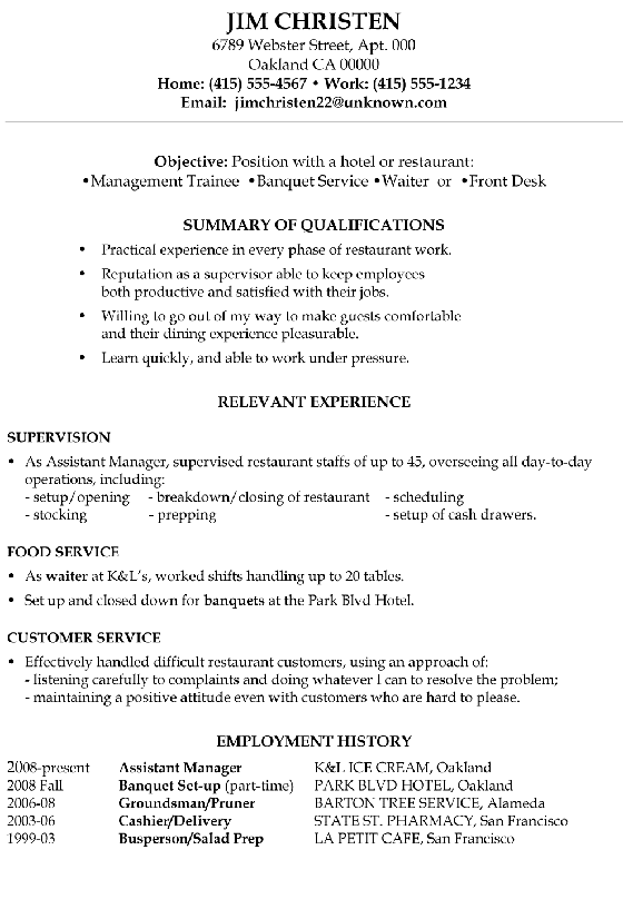 Resume Sample Hotel Management Trainee And Service