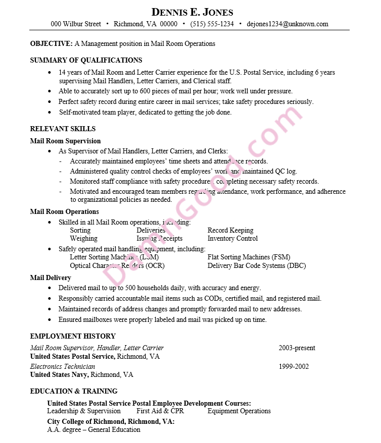 Resume Sample Mail Room Operations Management