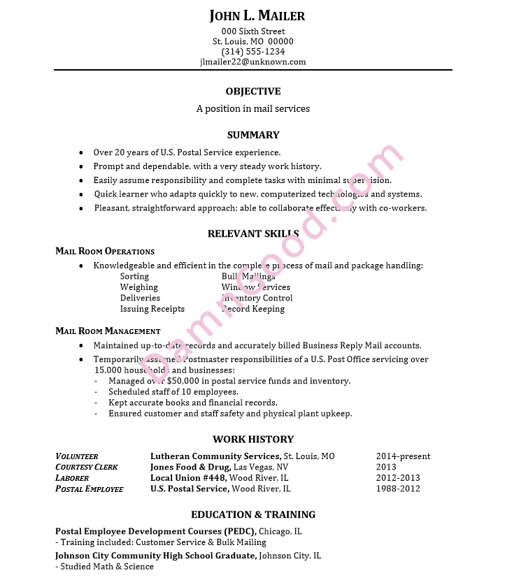 Resume Sample Mail Services