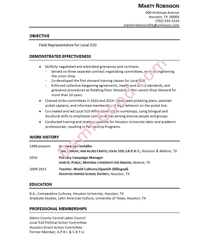 Resume for Union Field Representative