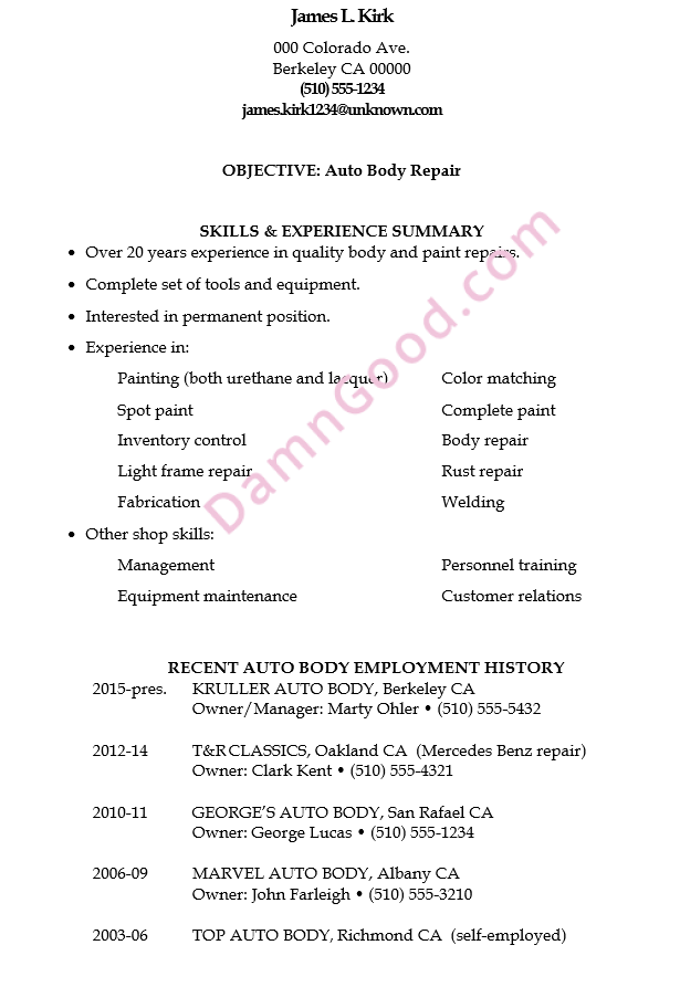 resume sample  auto body repair